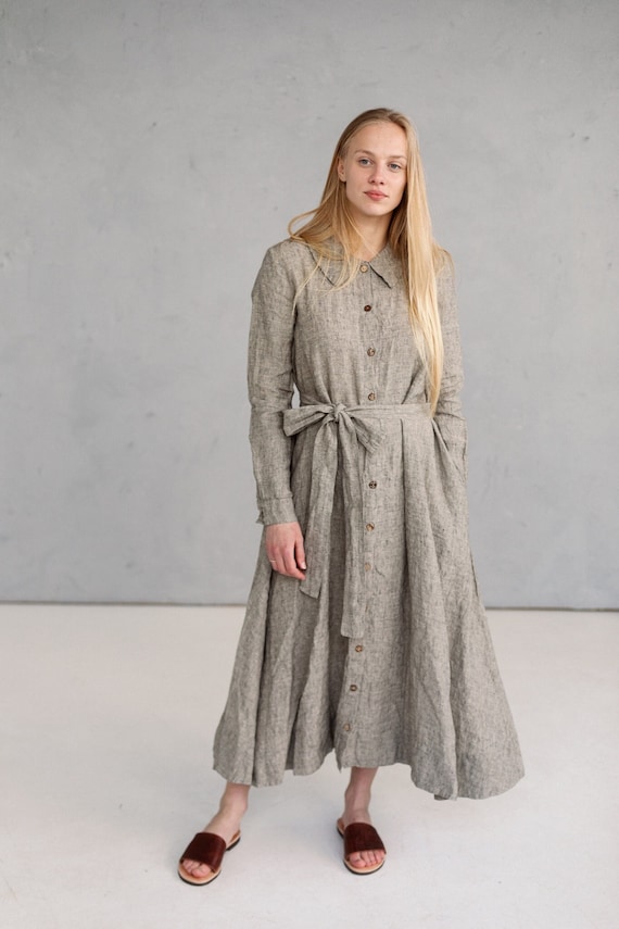 Oversized Linen Dress Norah, A-Line Midi Design with Shirt Collar and Belt, Timeless Wardrobe Staple Oversized Linen Dress Norah, A-Line Midi Design with Shirt Collar and Belt, Timeless Wardrobe Staple
