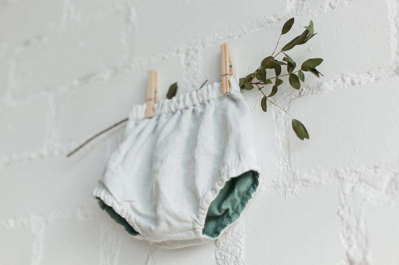 Reversible Linen Baby Bloomers Baby Diaper Cover in Mint Green and White more colors available