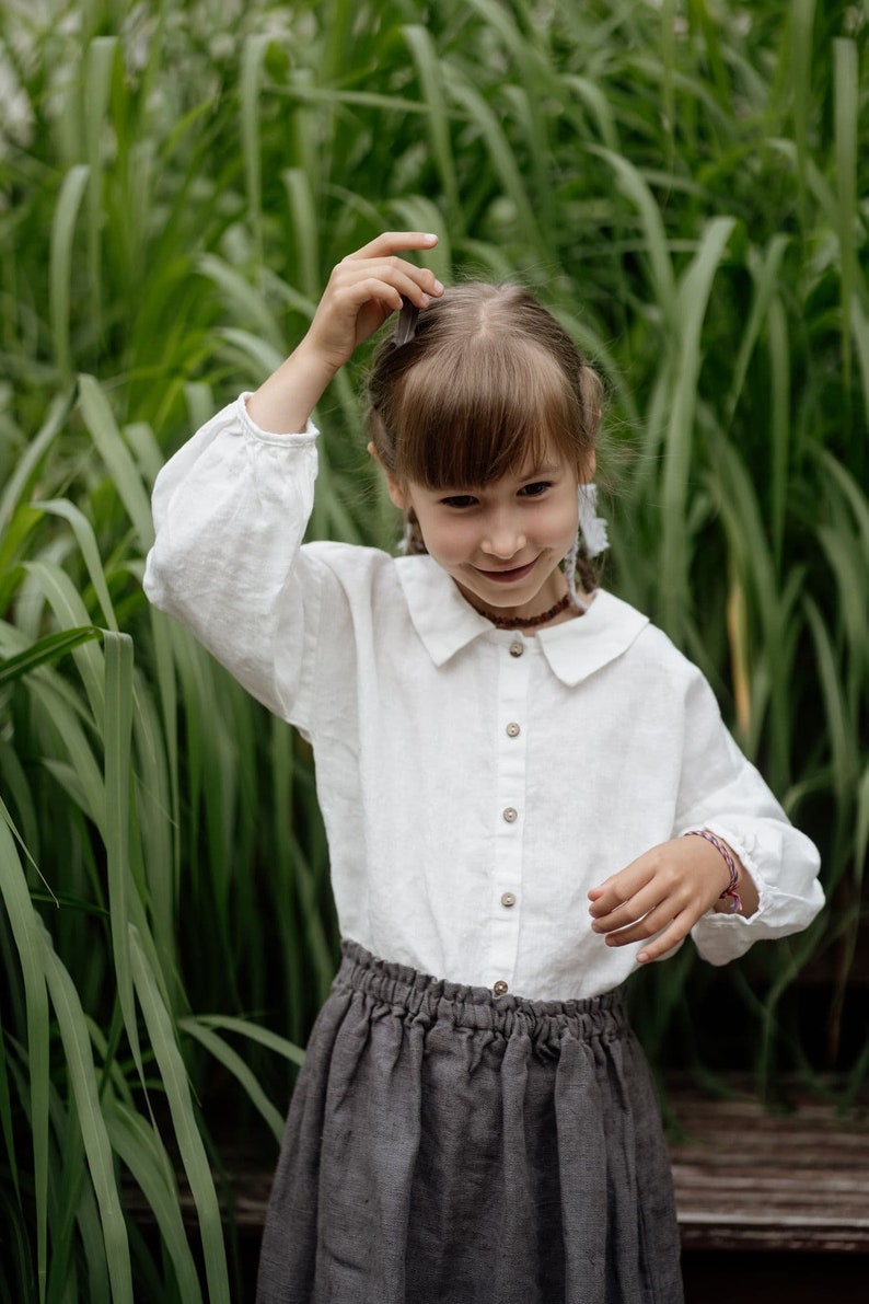 Linen Shirt Cecille with Bishop Sleeves for kids Optional Embroidery zdjęcie 1