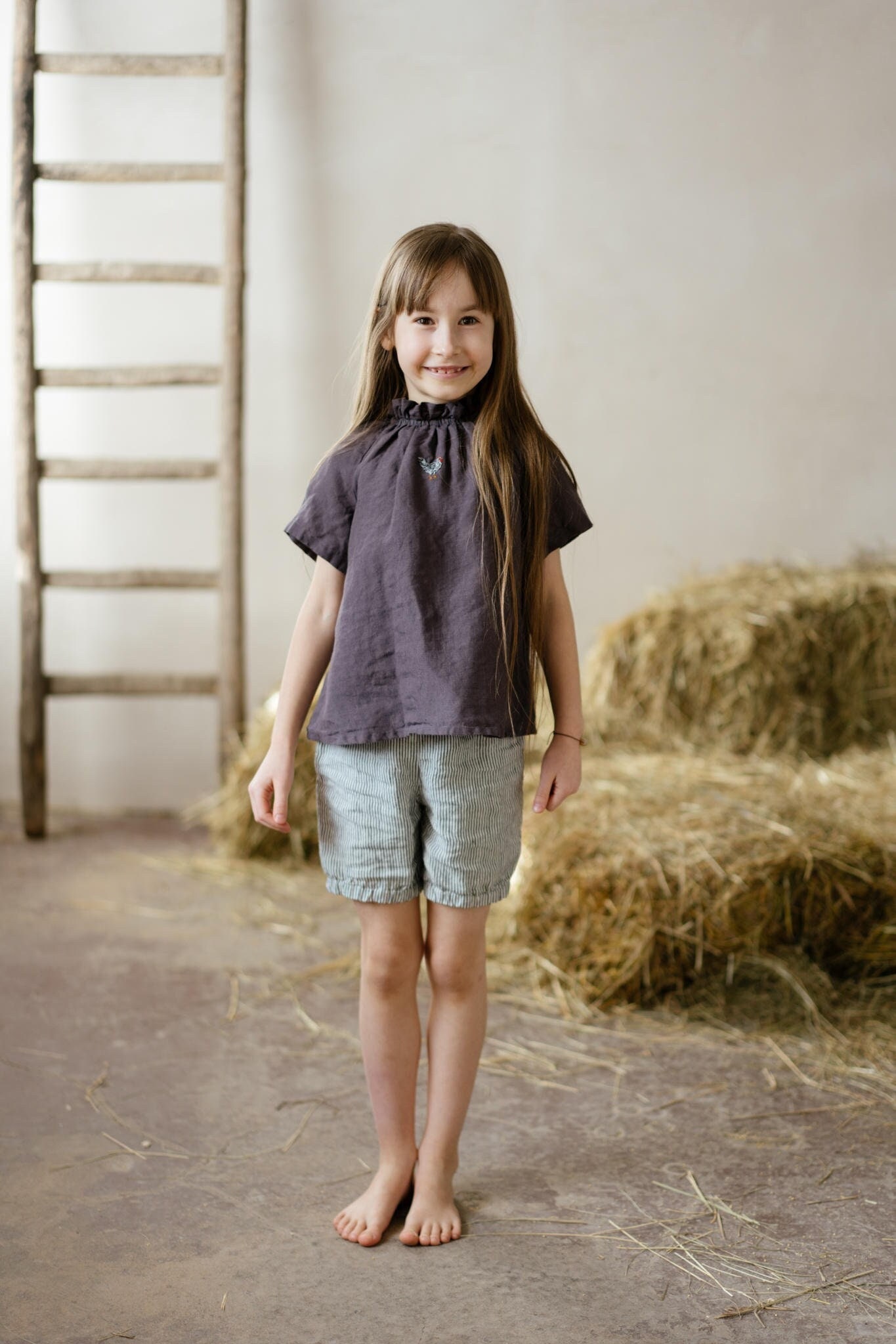 Summer Linen Ruffle Tunic Layla with Short Sleeves, peasant blouse, bohemian blouse, Elizabethan collar, kids clothing | Optional Embroidery