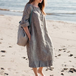 Summer Linen Maxi Dress Helen with Long Sleeves Linen Maxi Dress vacation dress Summer Dress Linen Clothing for women | Optional Embroidery