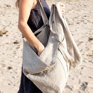 Grand sac de plage en lin, sac de marché en lin, sac à main d'été en lin, sac d'été en lin lavé, sac fourre-tout en lin | Broderie en option