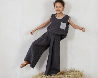 Pantalon à plis en lin Ambre pour garçon et fille | Broderie en option