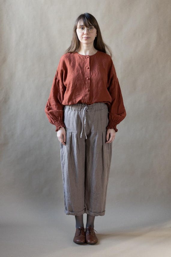 Women\u0027s Linen Shirt Evelyn With Shirring Cuffs, Loose Fit Long