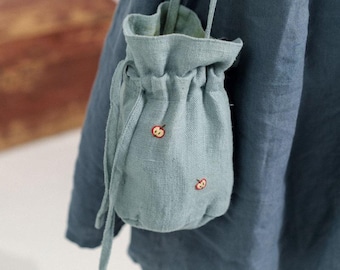 Kinchaku Inspired Linen Purse, Kids Mini Drawstring Bag