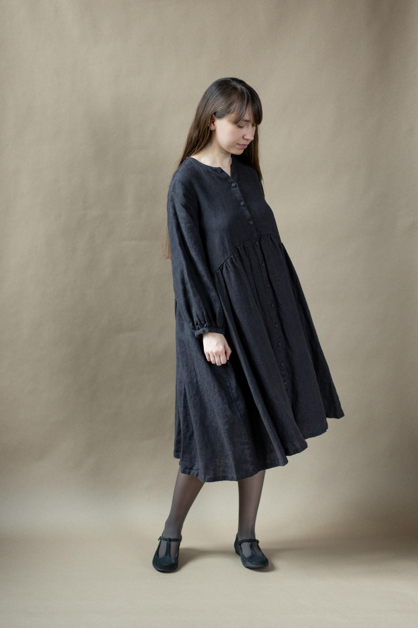 Warm Linen Dress Birdie with Bishop Sleeves, Madi Dress, Oversized Dress, Full Sleeve Dress, Boho Dress  | Optional Embroidery