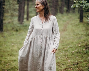 Linen Dress Birdie with Bishop Sleeves, Boho Linen Dress, Long Linen Dress, Maternity Dress, Simple Wedding Dress | Optional Embroidery