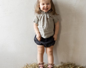Linen Ruffle Tunic Layla with Short Sleeves for Girls | Optional Embroidery
