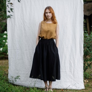 Linen Skirt Violete in Black color, Summer Cotton Skirt, A-line Pleated, Elastic Waist Skirt, Flared Midi Skirts | Optional Embroidery