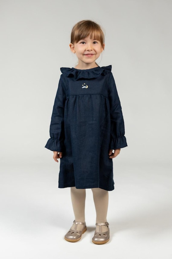 Midi Dress Ruby with Long Sleeves | Linen Dress for Girls with Ruffled Collar