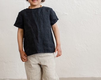 Linen Shirt Charlie with Short Sleeves, unisex shirt for kids, ring bearer shirt, organic baby clothes, linen clothing | Optional Embroidery