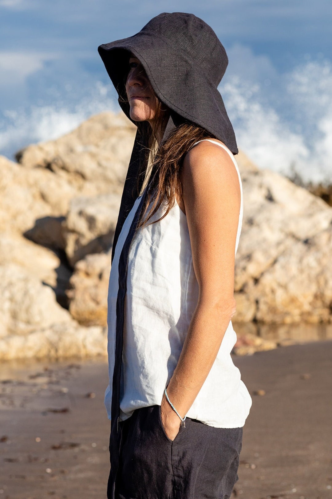 Cappello da sole in lino Paloma, cappello a secchiello in lino