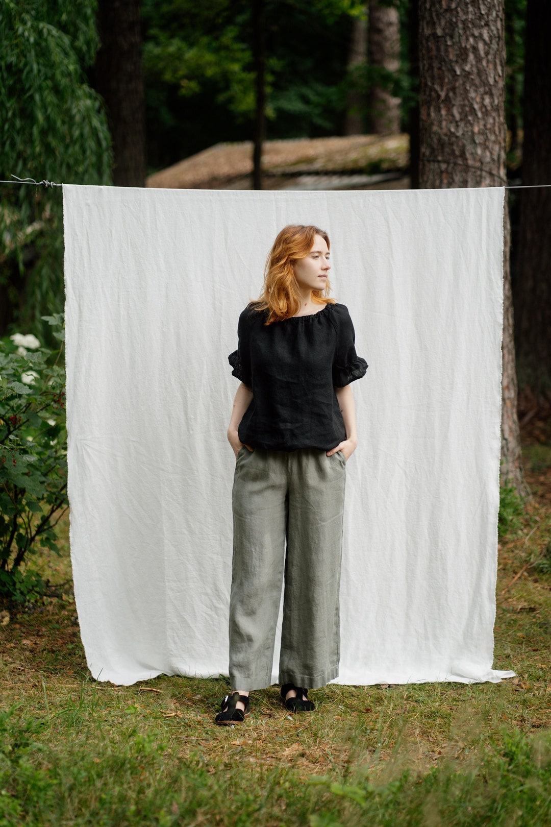 Linen Geisha Pants in Spring Green Print