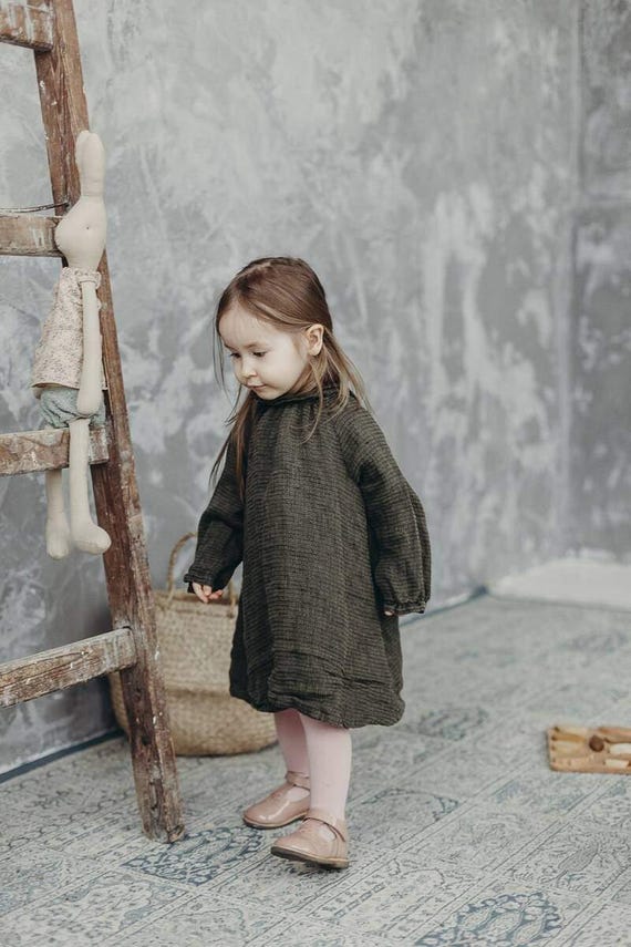 Girls Linen Dress: Long Sleeve Boho Kids Clothing, Optional Embroidery