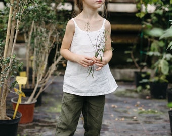 Summer Linen Pants Jules for kids, linen clothing, High waist tapered linen pants, Elastic waist wide leg pants | Optional Embroidery