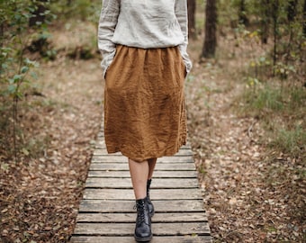 Linen Midi Skirt Elise, skirt with pockets, summer linen skirt, midi skirt, gathered skirt, women Bottoms | Optional Embroidery