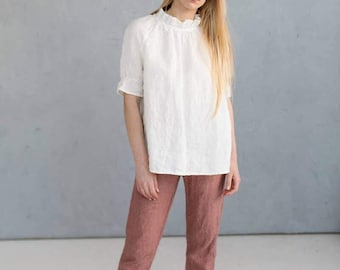 Übergroße Leinen-Rüschen-Tunika Layla, Kurzarm-Bluse im Boho-Stil für den täglichen Komfort