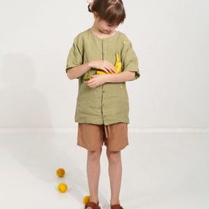 Minimalist Linen Top for Kids, Unisex Summer Playwear Outfit, Short Sleeve Button Down, Soft Boho Style Top Mila | Optional Embroidery