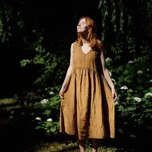 Sleeveless Linen Astrid Dress for Women, Relaxed A-Type Fit with Deep V-Neck, Button Front and Inseam Pockets