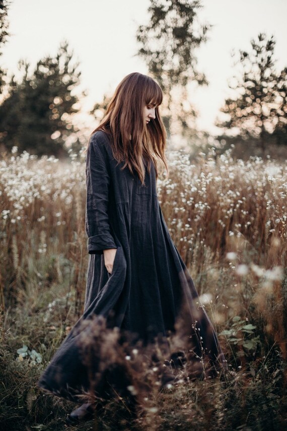 Linen Dress Leah for Women, Loose A-line Midi Dress With Long Sleeves and Boat Neckline for Everyday Comfort - Etsy Linen Dress Leah for Women, Loose A-line Midi Dress With Long Sleeves and Boat Neckline for Everyday Comfort - Etsy