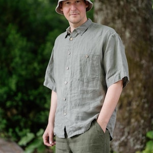 Men&#39;s Short Sleeve Linen Shirt: Band Collar Summer Clothing