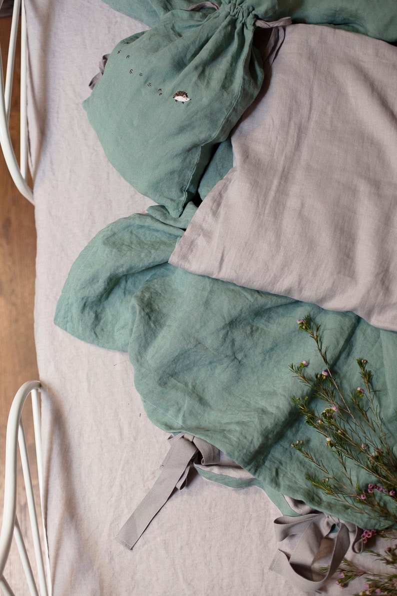Mint Green & Grey Linen Baby Bedding Set / Duvet Cover and ...