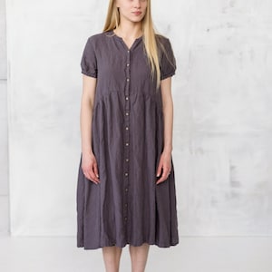Linen Midi Dress with Pockets: Short Sleeve Split Neck A-Line