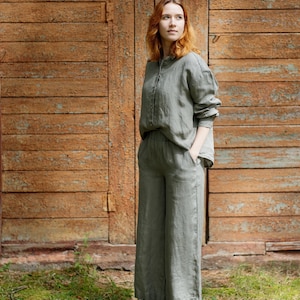 Linen Shirt: Silver Green Long Sleeve Button Down Top (Optional Embroidery)