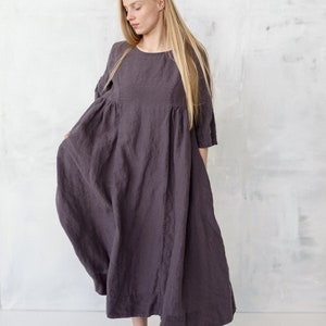 Sommer Herbst Leinenkleid Leah mit Trompetenärmeln und Taschen, Langarmkleid, Boho Kleid, Kleid in Übergröße | Optional Stickerei