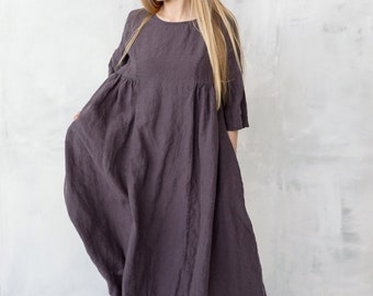 Linnen jurk Leah met klokmouwen | Optioneel borduurwerk