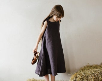 Linen Ribbon Dress Yvette for girls | Optional Embroidery