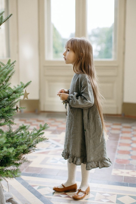 Linen Ruffle Dress Mary for Kids, Soft Organic Fabric with Flounce Sleeves and Ribbon Detailing