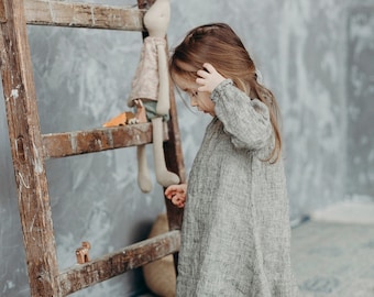 Leinen Kleid Layla : Langarm Rüschen Hals Baby Kleinkind Kleidung