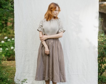 Women’s Linen Skirt Violete, Flowy Midi Skirt with Elastic Waist and Pockets for Effortless Everyday Elegance