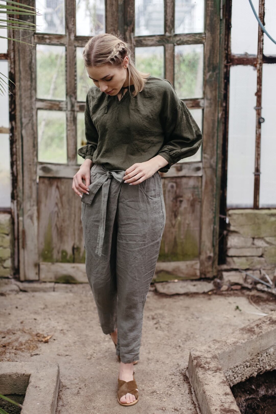 Bow Waistband Pleated Cotton Linen Pants