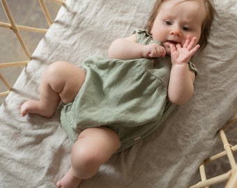 Linen Romper Ariel for Babies | Lightweight Sleeveless Infant Outfit with Bottom Snaps and Shoulder Buttons