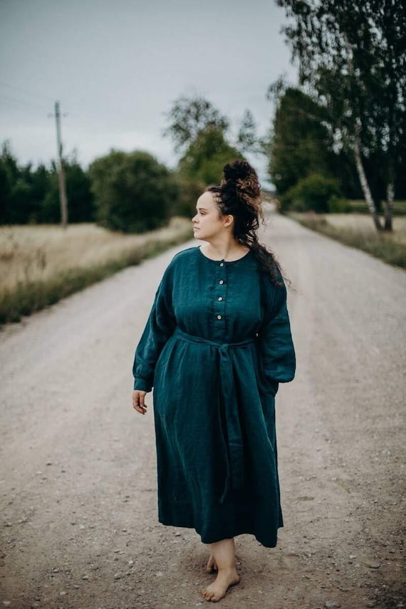 one size linen dresses Women's Linen Dress Helen, One-size Reversible Design With Long Sleeves and  Tie Belt for Effortless Everyday Style