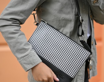 Monochrome Dogtooth Reißverschluss Clutch, Vegane Ledertasche, Abendtasche, Brautjungfern Geschenk, vielseitige Handtasche, Handgelenk Cross Body Clutch