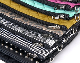 Schwarze Quilt Reißverschluss Clutch, Vegane Ledertasche, Schwarze Abendtasche, Brautjungfern Geschenk, vielseitige Handtasche, Handgelenk Cross Body Clutch