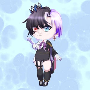 May include: A digital illustration of a chibi character with split black and purple hair, a crown, and mismatched eyes. The character wears a black and white outfit with a purple bow tie and a cross earring. The background is a light blue with white bubbles.