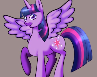 May include: A purple pony with a pink and blue mane and tail. The pony has a pink star with white points on its flank and a horn on its forehead. The pony has wings and is standing on a light gray background.