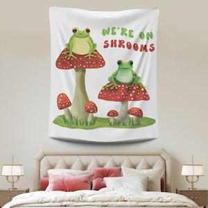 Funny Frogs on Mushrooms Tapestry, Cute Frog lover tapestry, dorm room tapestry, funny saying tapestry cute bedroom wall decor, funny art