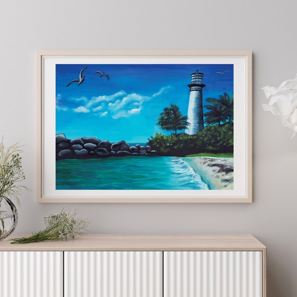 Costal Florida Lighthouse Oil Painting, nautical Wall art for bedroom, Cape Canaveral Lighthouse, beach painting, nautical home decor