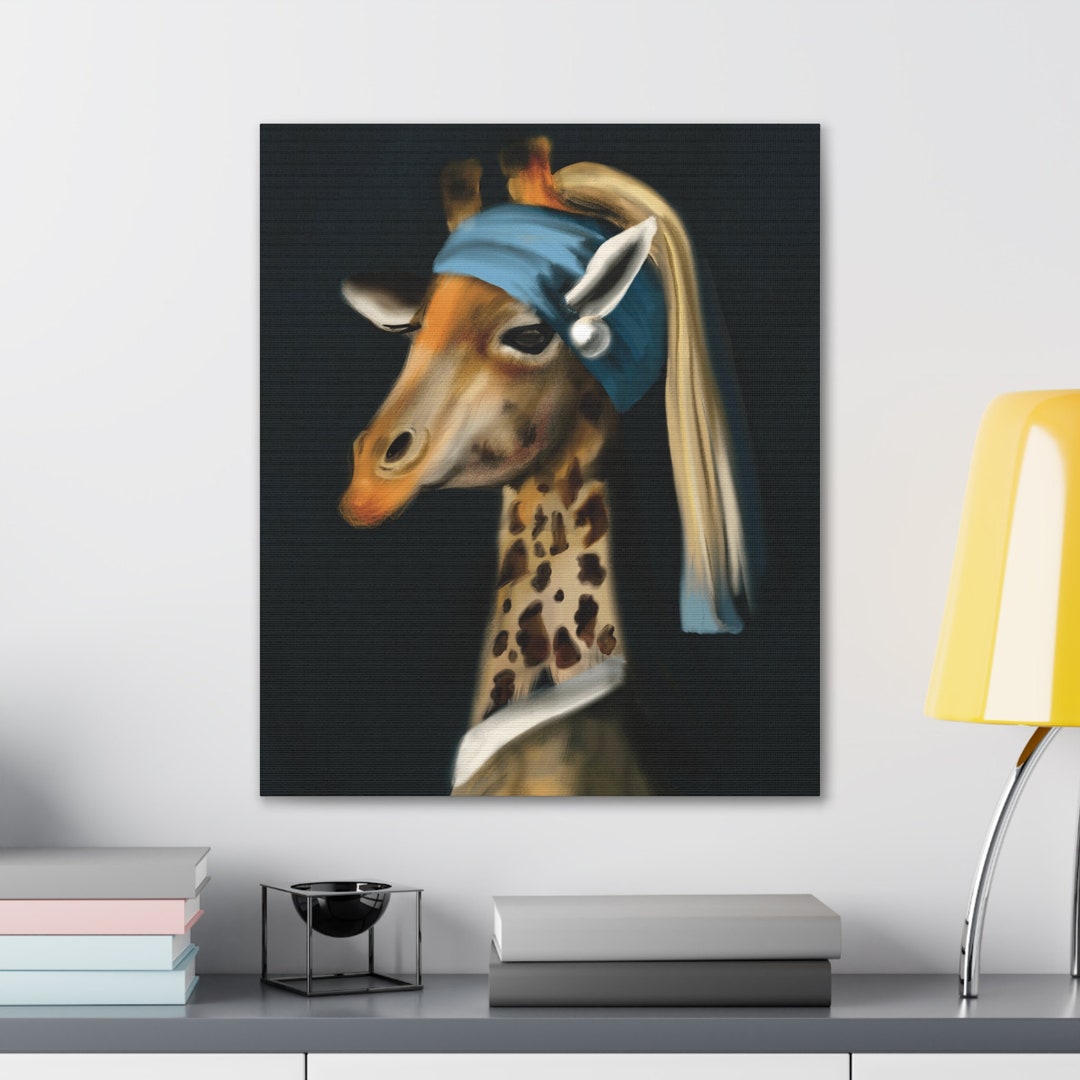 Funny Giraffe Painting Art Canvas, Cute Giraffe Pastiche, Vermeer Girl ...