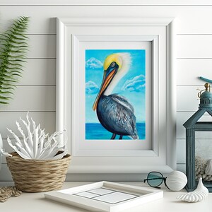 Pelican watercolor coastal beach art, florida wildlife art, pelican painting, animal lover poster, beach house decor