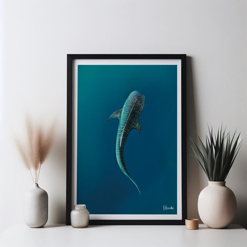 Digital Whale Shark Poster Print Glowing Bioluminescent Art Ocean 