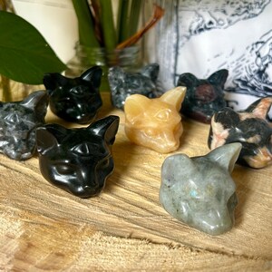 Könnte beinhalten: Eine Sammlung von geschnitzten Katzenfiguren aus Stein in verschiedenen Farben, darunter Schwarz, Grau und Gelb. Die Katzenköpfe sind auf einer Holzoberfläche ausgestellt und zeigen die detaillierte Handwerkskunst und die einzigartigen Muster jedes Stücks. Die Figuren variieren in Größe und Textur.
