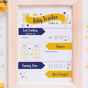 May include: A printable baby tracker chart with a yellow and blue color scheme. The chart includes sections for tracking feeding times, diaper changes, and tummy time. The chart is decorated with stars and a banner that says "Baby Tracker".