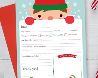 Elf Füllen Sie den leeren Weihnachtsbrief für Kinder aus Druckbare Weihnachtsbrief Vorlage mit Zeichnung Box | Ferienaktivität für Kinder