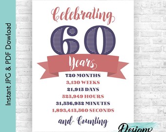 May include: A printable sign celebrating 60 years with a large purple number 60 and a pink banner. The sign lists the number of months, weeks, days, hours, minutes, and seconds in 60 years. The text reads "Celebrating 60 Years 720 Months 3,130 Weeks 21,915 Days 525,949 Hours 31,556,952 Minutes 1,893,415,560 Seconds and Counting Designs by Moonstruck Media"